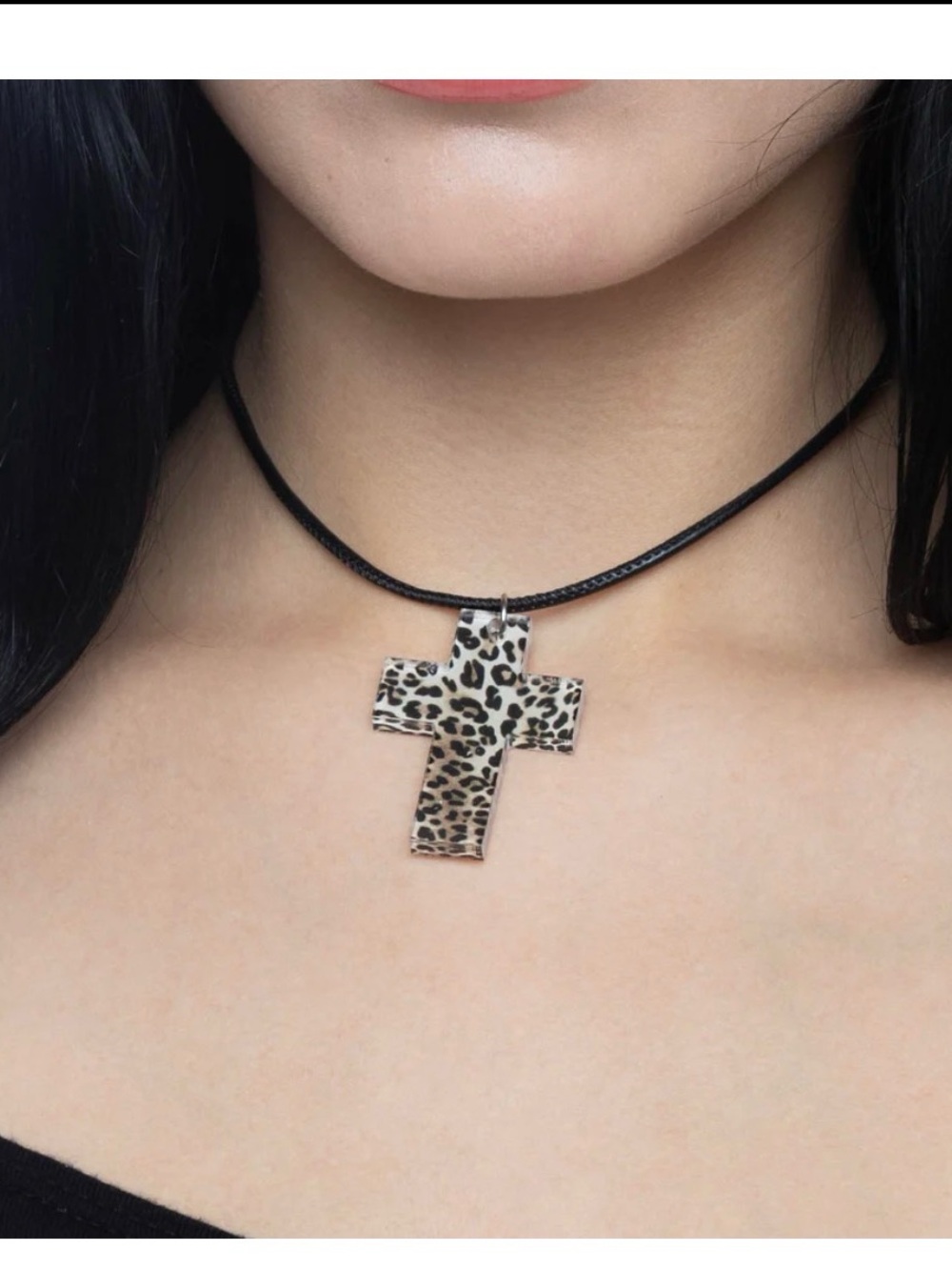 Leopard Print Cross Pendant Choker Necklace - Black Cord